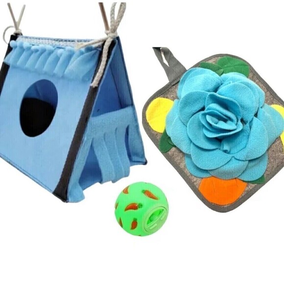 Guinea Pig Bundle Small Pet Hide Boy Blue Felt Tent Snuffle Mat And Treat Ball - Picture 1 of 9